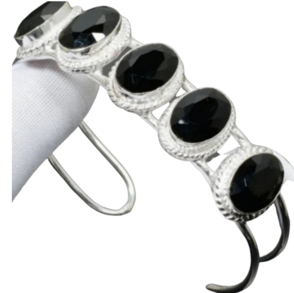 Black Spinel + Sterling Silver 925 Bangle Bracelet - Picture 1 of 7